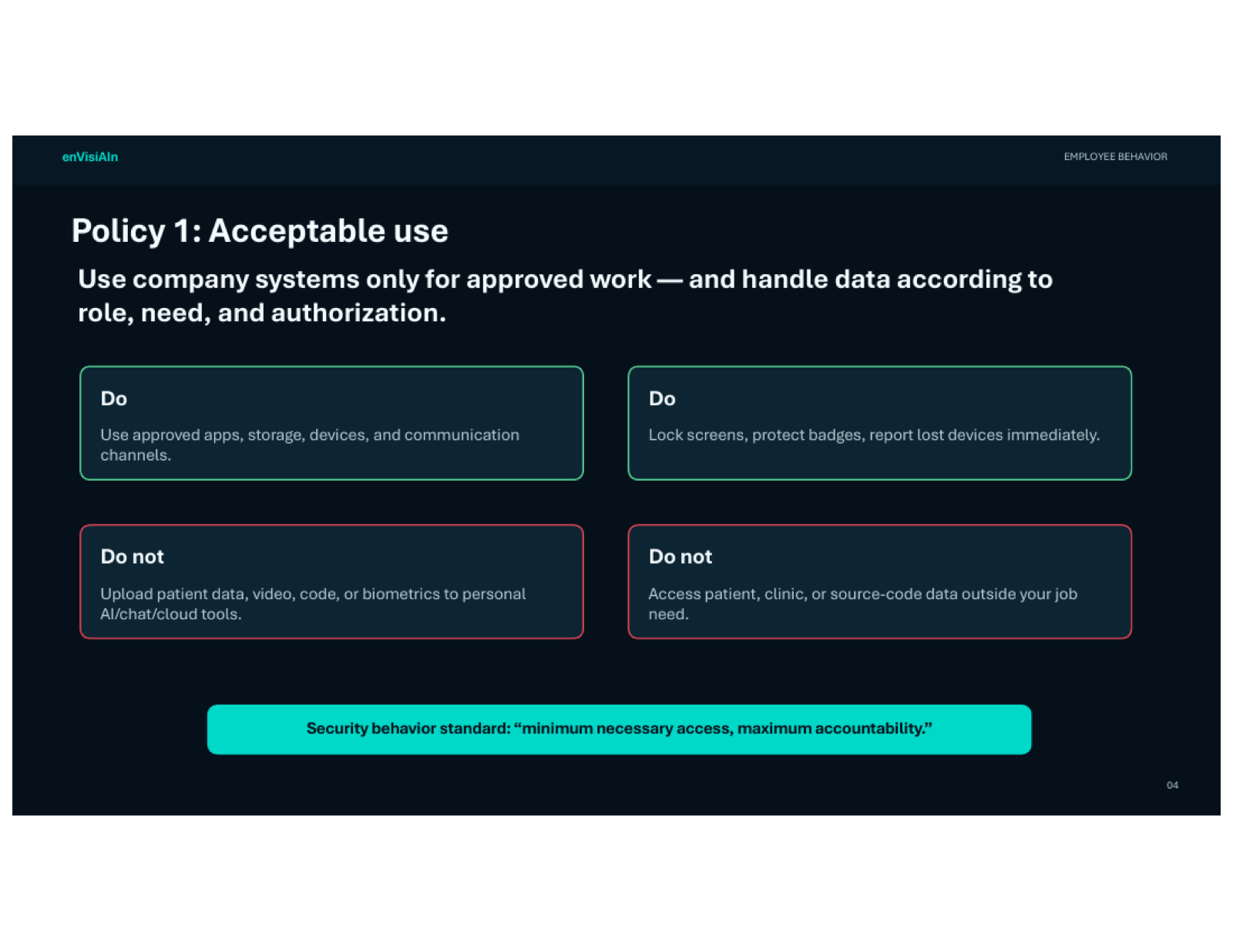 enVisiAIn acceptable-use policy slide — Do and Do-not guidance with the standard 'minimum necessary access, maximum accountability'